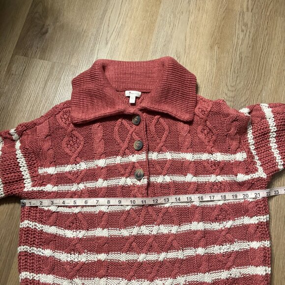 Garnet Hill Linen & Organic Cotton Cable Knit Button Sweater stripe L large red - Picture 5 of 10